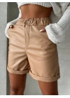 Beli lastikli duble paça deri şort bej w24755