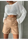 Beli lastikli duble paça deri şort bej w24755