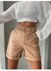 Beli lastikli duble paça deri şort bej w24755
