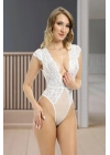 ÇOK SATAN Beyaz Yarım Kol Dantel Bodysuit - 894