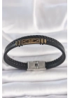 ® 316L Çelik Gold Renk Aksesuarlı Çift Sıra Siyah Burgu Desenli Deri Kordon Erkek Bileklik