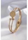 ® 316L Çelik Gold Renk Çeyrek Altın Zirkon Taş Detay Kadın Kelepçe