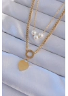 ® 316L Çelik Gold Renk Çift Zincir İnci Detayı Love Kalp Kolye