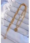 ® 316L Çelik Gold Renk Çift Zincir İnci Detayı Love Kalp Kolye