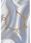 ® 316L Çelik Gold Renk Çift Zincir Yonca Tasarım Bileklik