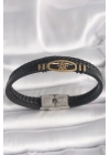 ® 316L Çelik Gold Renk Gemi Dümen Figür Siyah Renk Çift Sıra Burgu Desenli Deri Kordon Erkek Bileklik