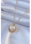 ® 316L Çelik Gold Renk İncili Kalp Model Zirkon Taşlı Kadın Kolye