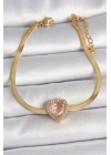 ® 316L Çelik Gold Renk İtalyan Zincir Pembe Zirkon Taşlı Kalp Model Kadın Bileklik