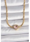 ® 316L Çelik Gold Renk İtalyan Zincir Pembe Zirkon Taşlı Kalp Model Kadın Kolye