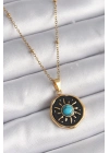 ® 316L Çelik Gold Renk Mavi Boncuk Güneş İşleme Madalyon Model Kadın Kolye