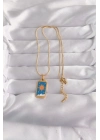® 316L Çelik Gold Renk Mavi Mineli Güneş Model Tarot Kolye