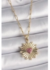 ® 316L Çelik Gold Renk Pembe Zirkon Taşlı Kalp İşleme Madalyon Model Kadın Kolye