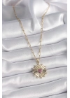 ® 316L Çelik Gold Renk Pembe Zirkon Taşlı Kalp İşleme Madalyon Model Kadın Kolye