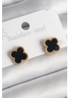 ® 316L Çelik Gold Renk Siyah Yonca Model Kadın Küpe