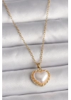 ® 316L Çelik Gold Renk Zincir 3D İnci Kalp Model Kadın Kolye