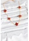 ® 316L Çelik Gold Renk Zincir Bordo Yonca Kadın Kolye
