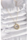 ® 316L Çelik Gold Renk Zincir Gümüş Zirkon Taşlı Daire Model Kadın Kolye