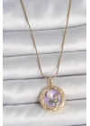 ® 316L Çelik Gold Renk Zincir Mor Çiçek İşlemeli İnci Detay Potre Model Kadın Kolye