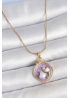 ® 316L Çelik Gold Renk Zincir Mor Mineli İncili Çiçek İşlemeli Portre Model Kadın Kolye