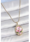 ® 316L Çelik Gold Renk Zincir Pembe Mineli İncili Çiçek İşlemeli Portre Model Kadın Kolye