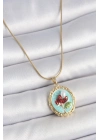 ® 316L Çelik Gold Renk Zincir Turkuaz Mineli İncili Çiçek İşlemeli Portre Model Kadın Kolye
