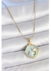 ® 316L Çelik Gold Renk Zincir Turkuaz Mineli İncili Çiçek İşlemeli Portre Model Kadın Kolye