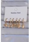 ® 316L Çelik Gold Renk Zirkon Taşlı Hayvan Figürlü Deniz Yıldızı Model Halka Küpe Seti