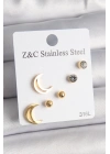 ® 316L Çelik Gold Renk Zirkon Taşlı Hilal Model Kadın Küpe Seti