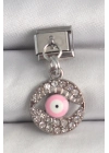 ® 316L Çelik Gümüş Renk Sallantı Zirkon Taşlı Pembe Göz Model Nomination Charm