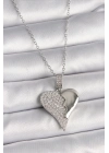 ® 316L Çelik Gümüş Renk Zincir Zirkon Taşlı Kırık Kalp Model Kadın Kolye