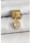 ® 316L Çelik Sallantılı Zirkon Taşlı Kalp Model Gold Renk Nomination Charm