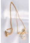® 316L Çelik Zincir Altın Renk Zirkon Taşlı Damla Detay Fiyonk Kolye