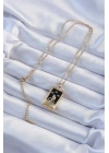 ® 316L Çelik Zincir Altın Renk Zirkon Taşlı Siyah Mineli Kız Figürlü Tarot Kolye