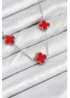 ® 316L Çelik Zincir Gümüş Kırmızı Renk Yonca Kadın Kolye
