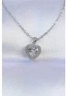 ® 316L Çelik Zincir Gümüş Renk Zirkon Taşlı Charm Kalp Kolye
