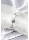 ® 316L Çelik Zincir Gümüş Renk Zirkon Taşlı Yonca Beyaz Kadın Bileklik