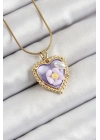 ® 316L Çelik Zincir Mor Sanatsal Portre İnci Detaylı Papatya Figürlü Kalp Model Gold Renk Kadın Kolye