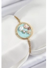 ® 316L Çelik Zincir Turkuaz Mineli Sanatsal Portre İnci Detaylı Çiçek Model Gold Renk Kadın Bileklik