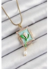 ® 316L Çelik Zincir Turkuaz Sanatsal Portre Sallantılı İnci Detaylı Lale Model Gold Renk Kadın Kolye