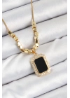 ® 316L Çelik Zirkon Taşlı Siyah Baget Model Gold Renk Kadın Kolye