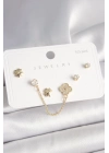 ® 925 Ayar Gümüş Çivi Pirinç Gold Renk Zirkon Taşlı Yonca Model Sallantı Zincir Detay Kadın Küpe Seti