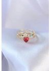 ® Gold Renk Kırmızı Zirkon Taş Kalp Model Pirinç Kadın Yüzük