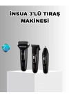 ® İnsua Erkek Bakım Seti – 3 Başlıklı Şarjlı Tıraş Makinesi, 60 Dakika Kablosuz Kullanım