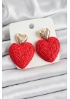 ® Kırmızı Kalp Figürlü Hasır Örgü Model Gold Renk Kadın Küpe