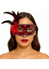 Kırmızı Renk Yandan Tüylü Güllü Gümüş Taşlı Pullu Maske 20x22 cm