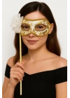 Lüks Taşlı Saplı Maskeli Balo Maskesi Beyaz Renk 35 cm