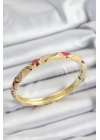 ® Mineli Pirinç Pembe Ve Krem Çiçek Motifli Gold Renk Kadın Kelepçe