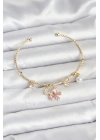 ® Pembe Kelebek Charmlı Gold Renk Kadın Bileklik