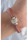 ® Pembe Renk Zirkon Taşlı Püskül Detay Deri Çoklu Bileklik