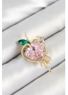 ® Pembe Ve Yeşil Zirkon Taşlı 3D Eriyen Kalp Figürlü Gold Renk Kadın Broş